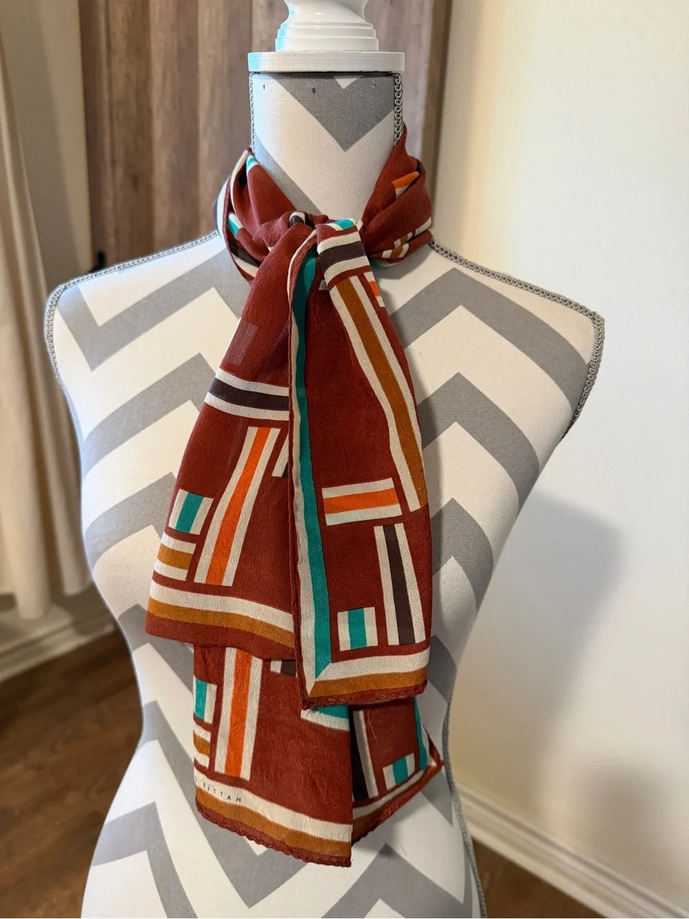 Vintage Hattie Carnegie Silk Scarf Mod Geometric Rust Orange MCM Fall color